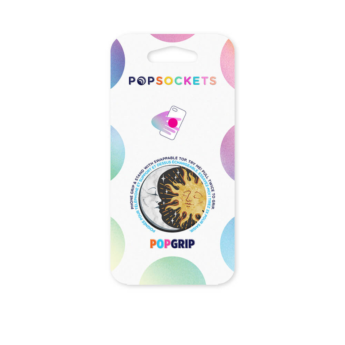 Popsockets-Verpackung mit Sonne und Mond-Design. Ein Griff und Ständer.