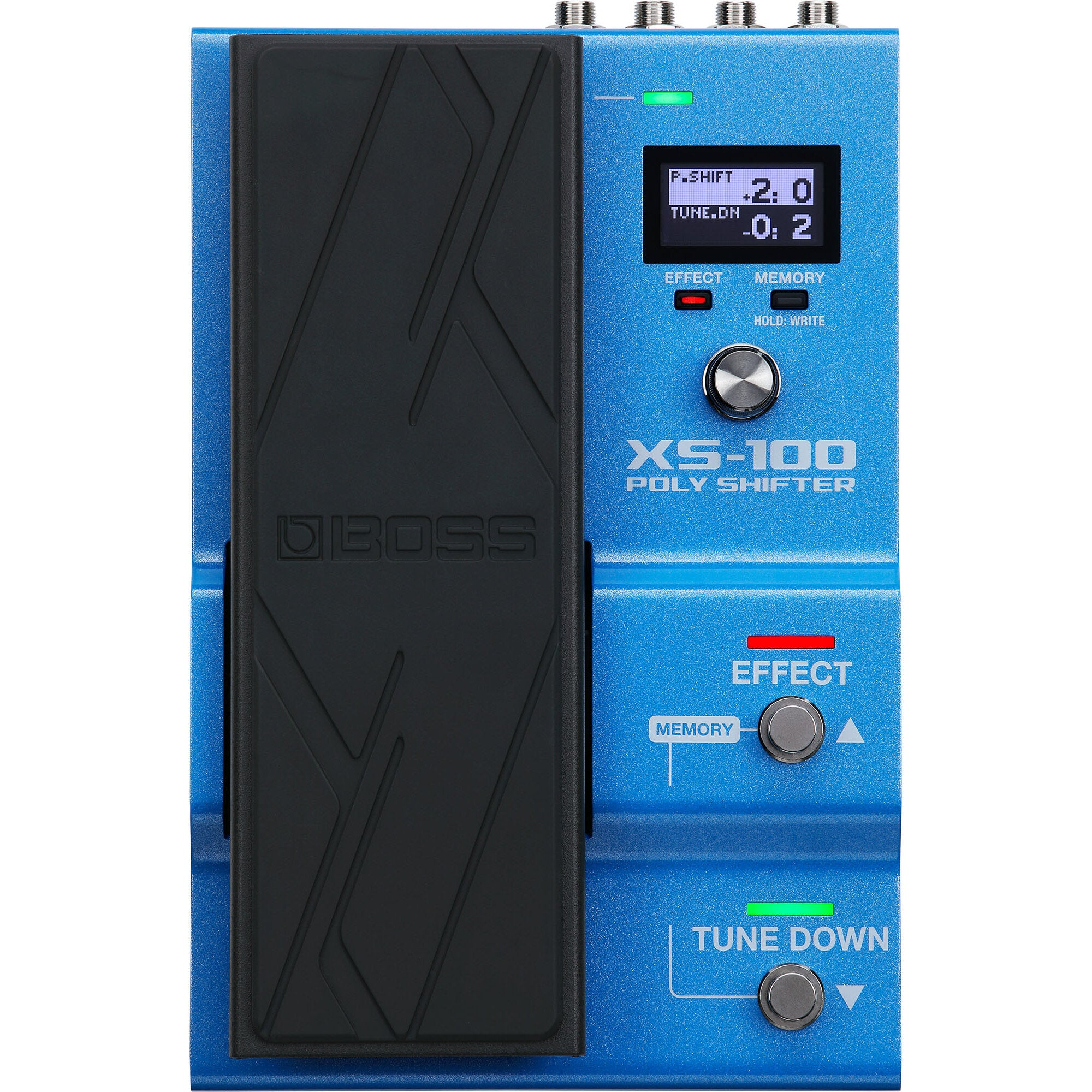 Een blauwe BOSS XS-100 Poly Shifter met zwart pedaal en display.