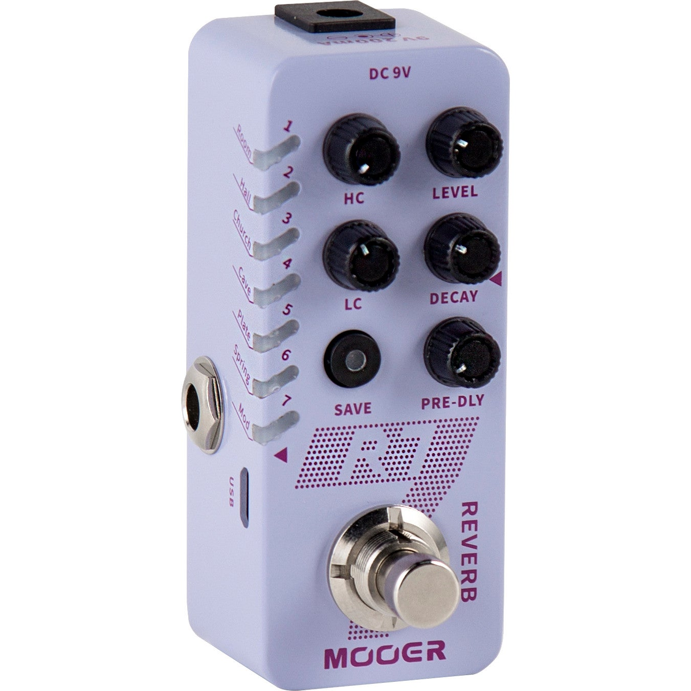 HC, Seviye, LC, Decay, Kaydet, Ön-Gecikme düğmeli açık mor Mooer Reverb pedalı.
