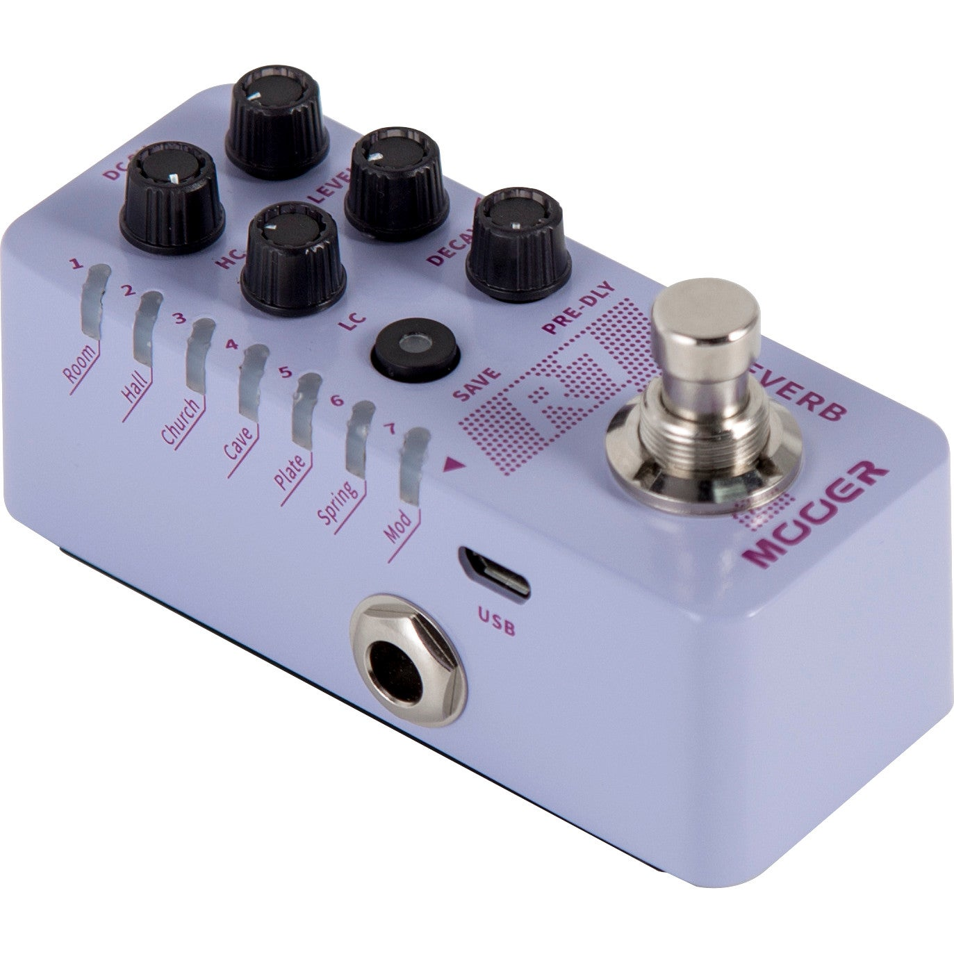Siyah düğmeli, etiketli ayarlar ve gümüş renkli ayak pedalı olan açık mor Mooer Reverb gitar pedalı.