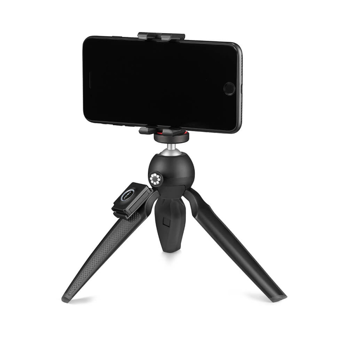 Ein schwarzes Smartphone auf einem kleinen schwarzen Stativ mit drei Beinen.