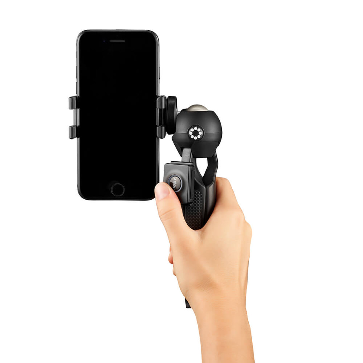 Eine Hand hält ein Smartphone an einem schwarzen Gimbal-Griff mit Auslöser.