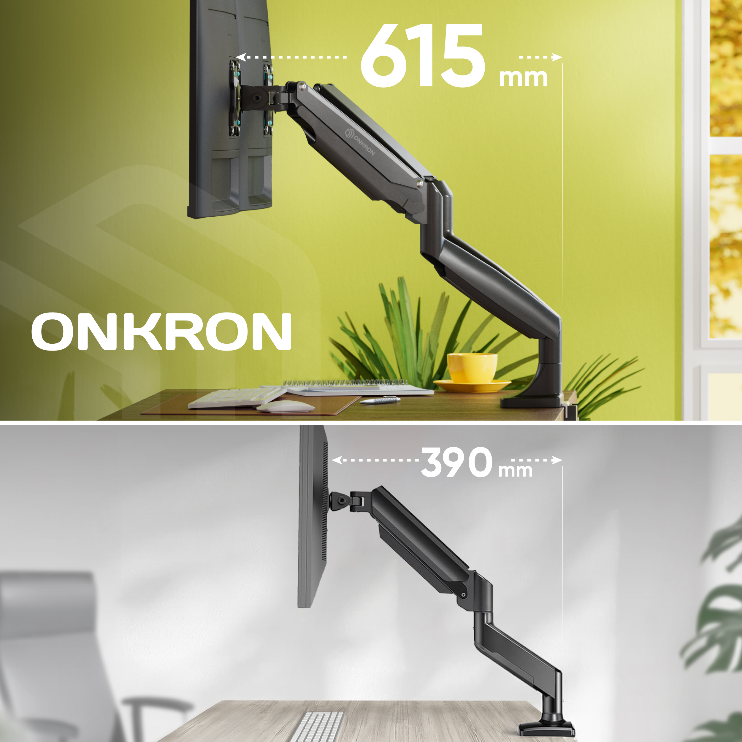 Czarny wysięgnik monitora o zasięgu 615 mm na biurku z klawiaturą.