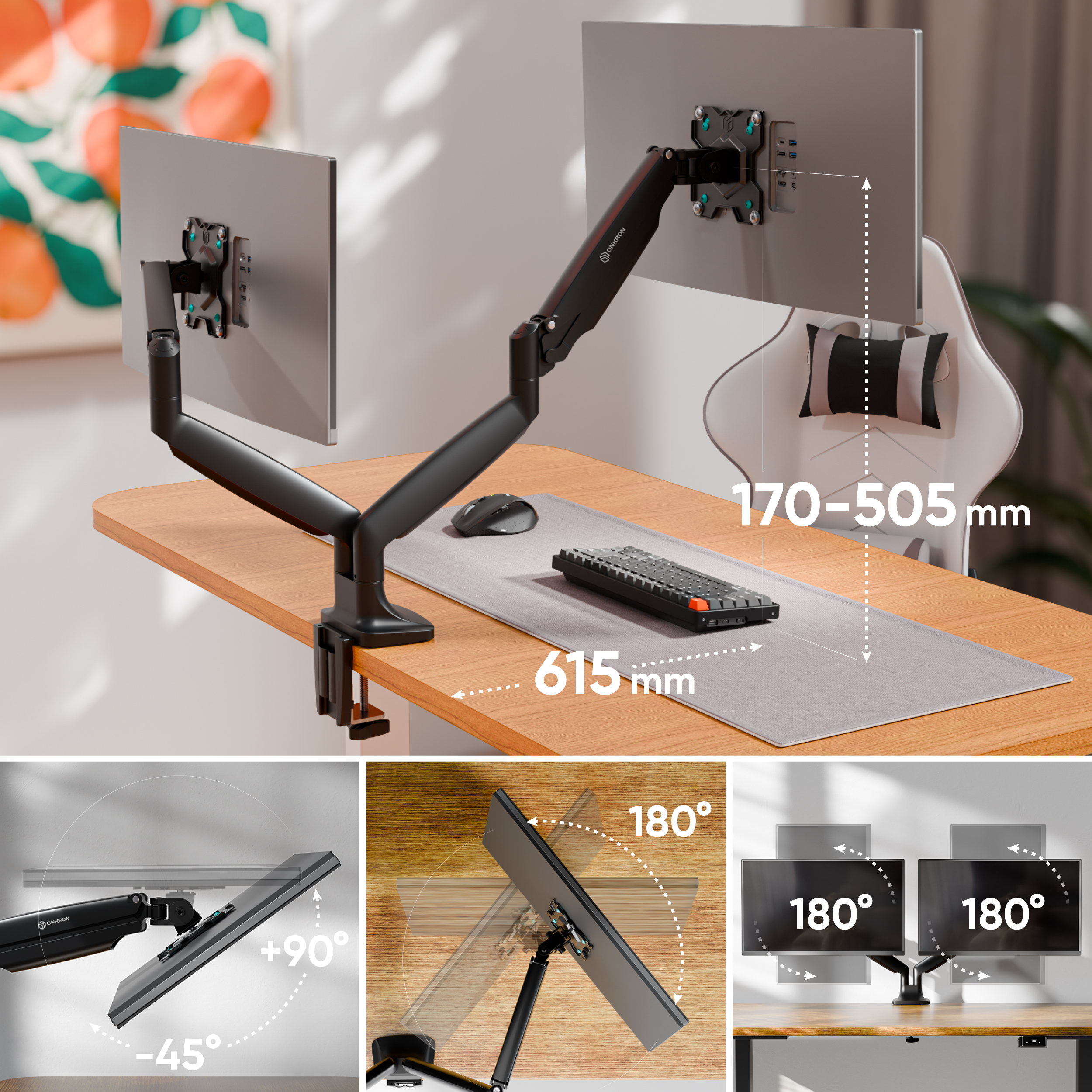 Czarny uchwyt na monitor na biurku z dwoma monitorami. Regulowany.