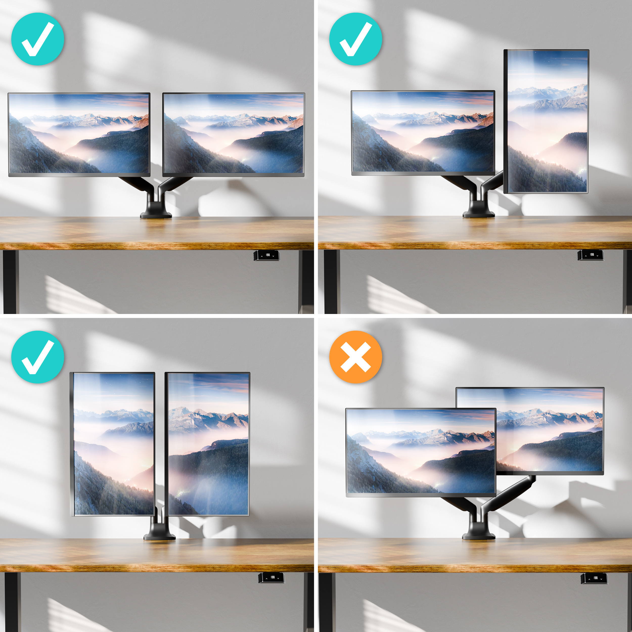 Cztery sceny pokazują dwa monitory na biurku. Górny lewy i dolny lewy pokazują poprawne ustawienia.