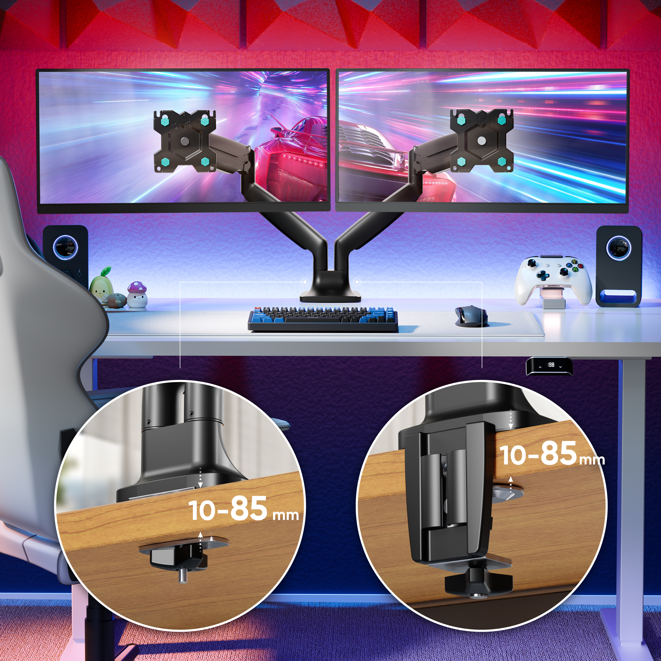 Biurko z dwoma monitorami, klawiaturą, myszką, kontrolerem i głośnikami.