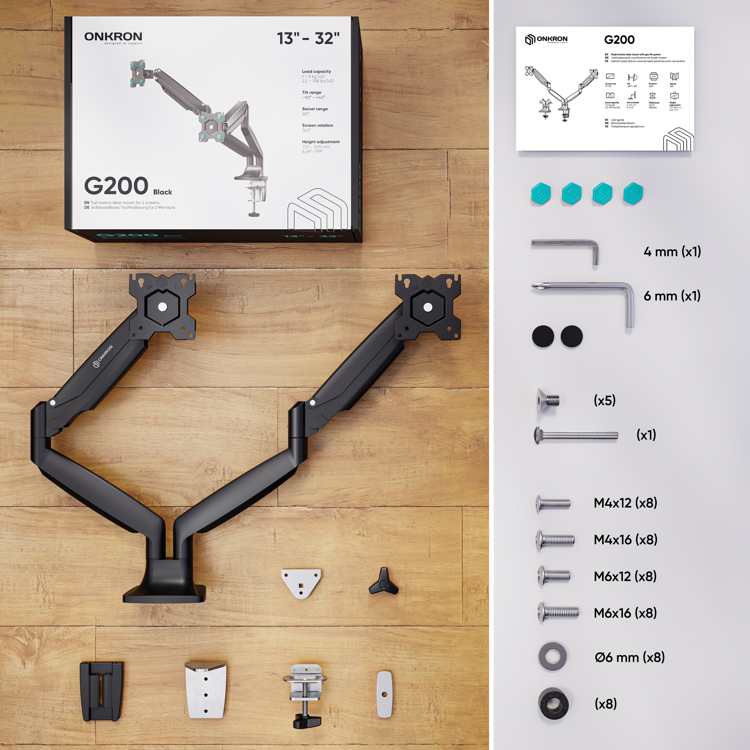 Czarny uchwyt biurkowy do dwóch monitorów z akcesoriami i instrukcją na drewnianym tle.