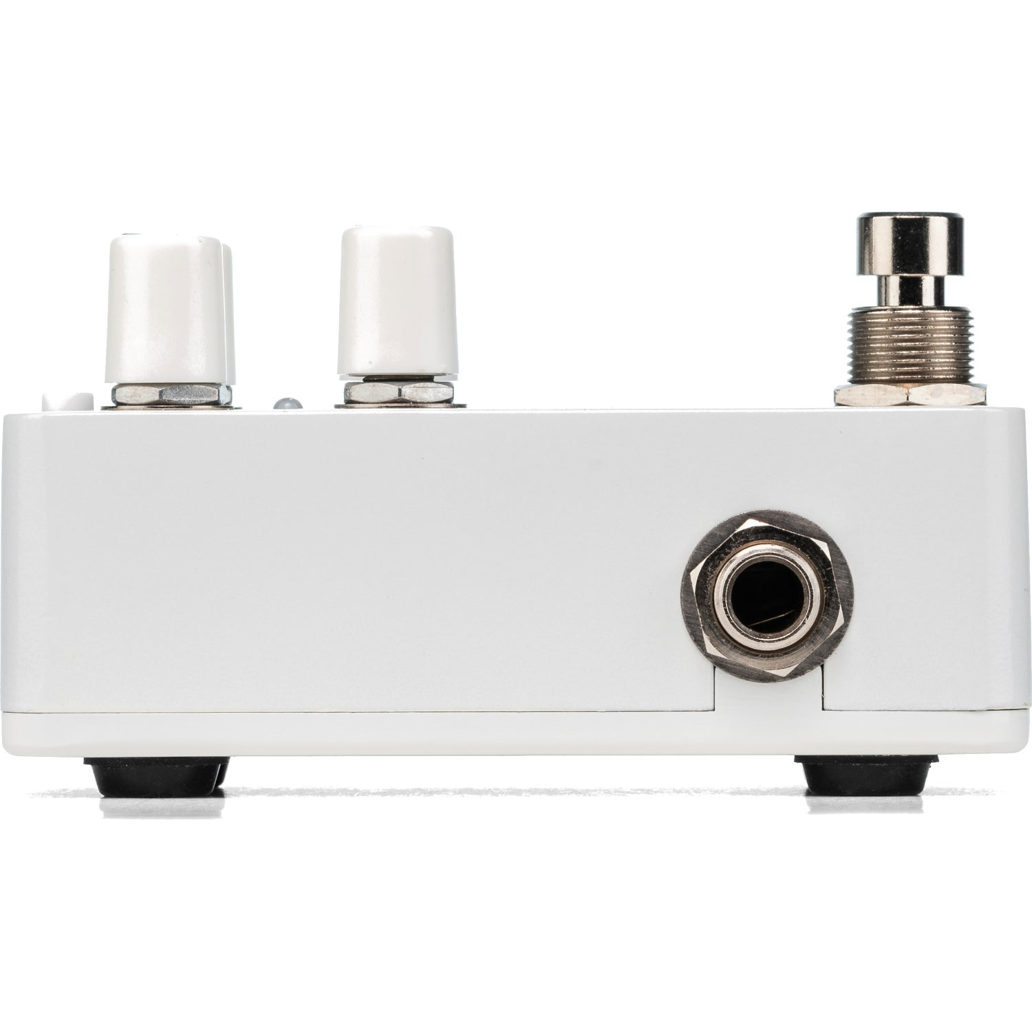 A white pedal with two white knobs and one silver switch.