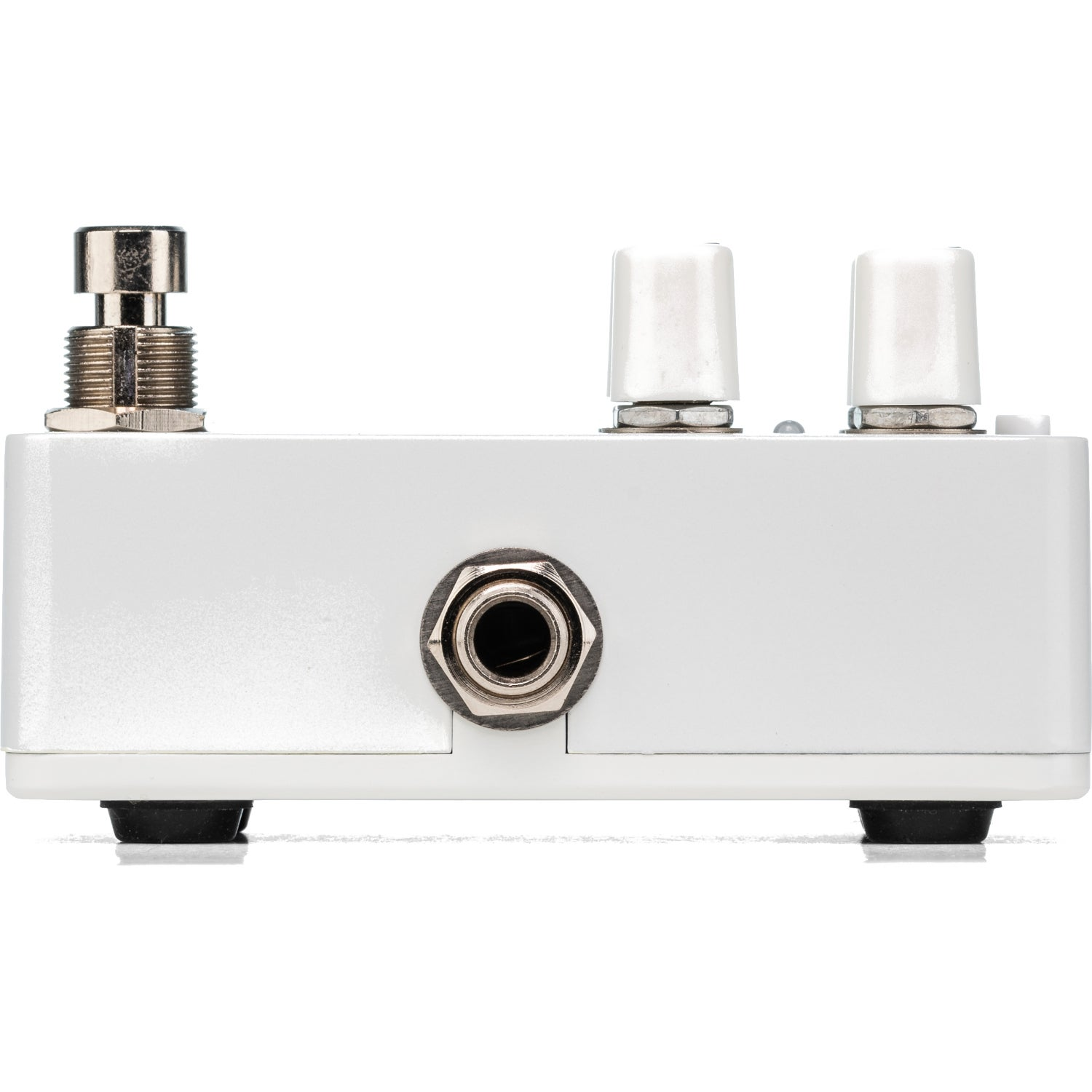 White guitar pedal with two white knobs and one silver foot switch.