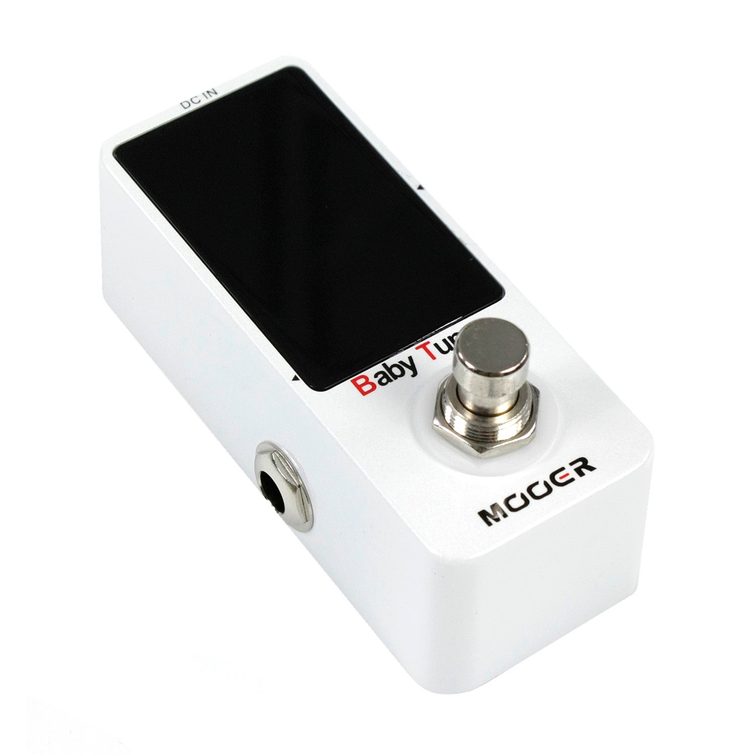 Een wit Mooer Baby Tuner pedaal met zwart scherm en zilveren voetschakelaar.