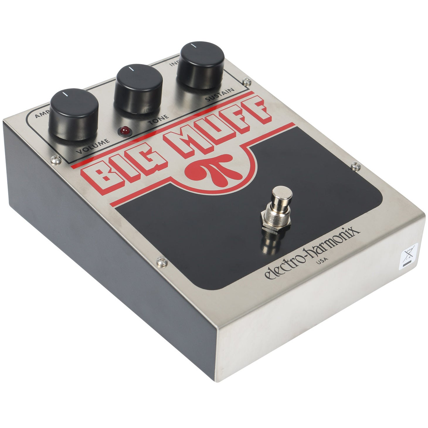 Electro-Harmonix Big Muff effectpedaal met drie zwarte knoppen op zilveren behuizing.