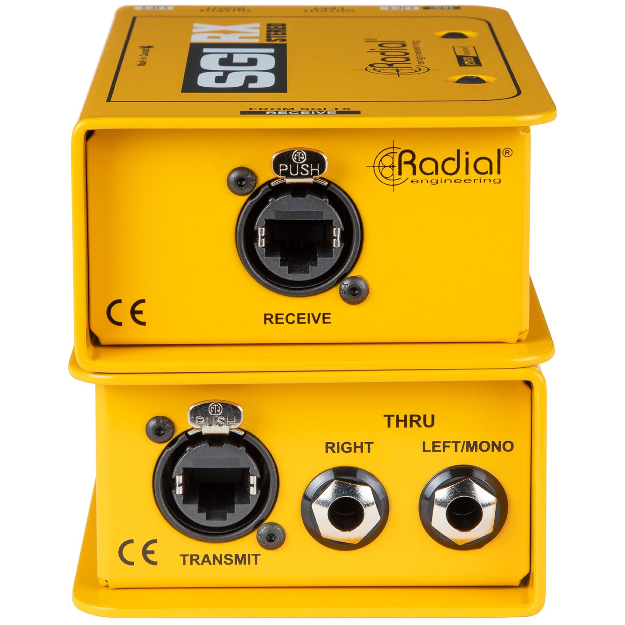 Twee gele Radial Engineering audiodevitjes met connectoren.
