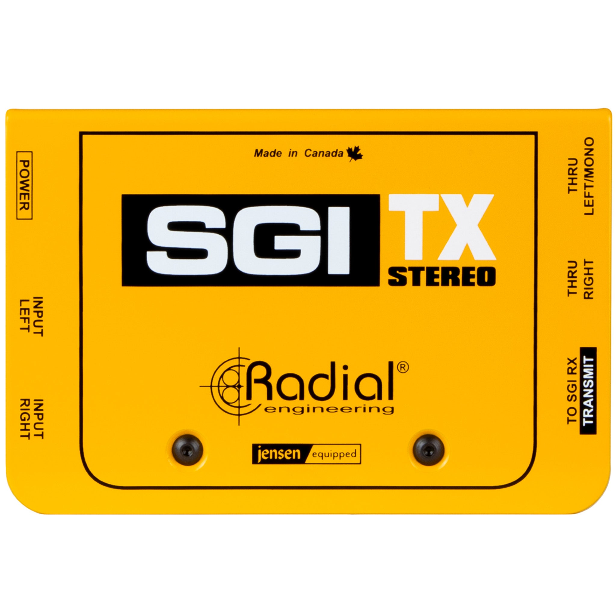 Een geel Radial Engineering SGI TX stereo apparaat met zwarte tekst en connectoren.