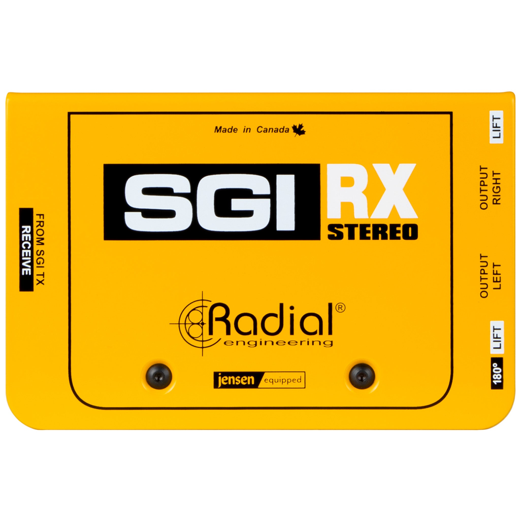 Een gele Radial SGI RX Stereo DI-box met zwarte belettering.