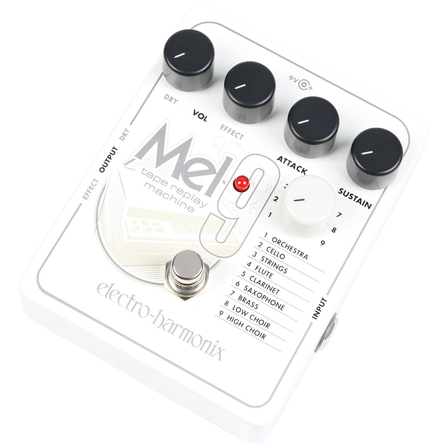 A white guitar pedal with black and white knobs and labels, with a red LED.