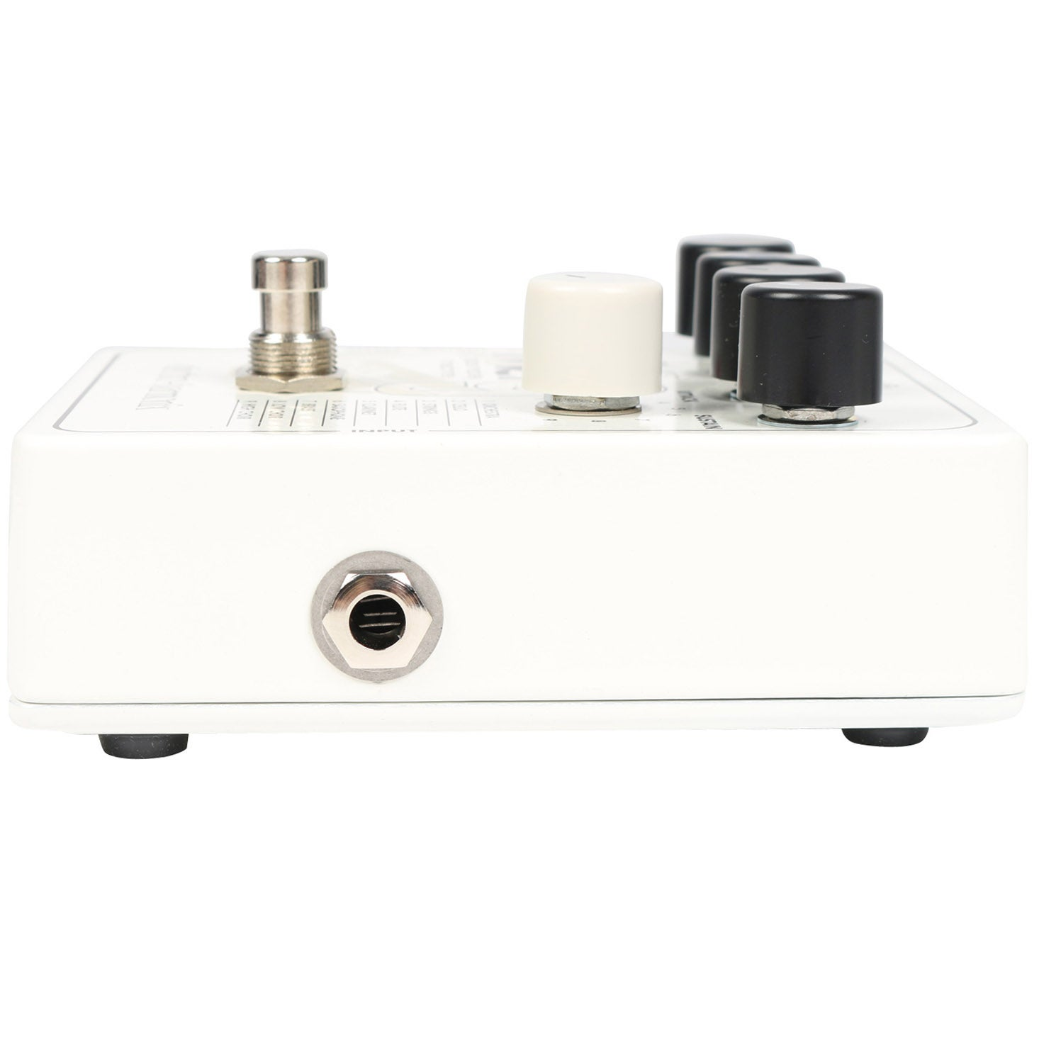 White guitar pedal with silver footswitch, one white and four black knobs, and input jack.