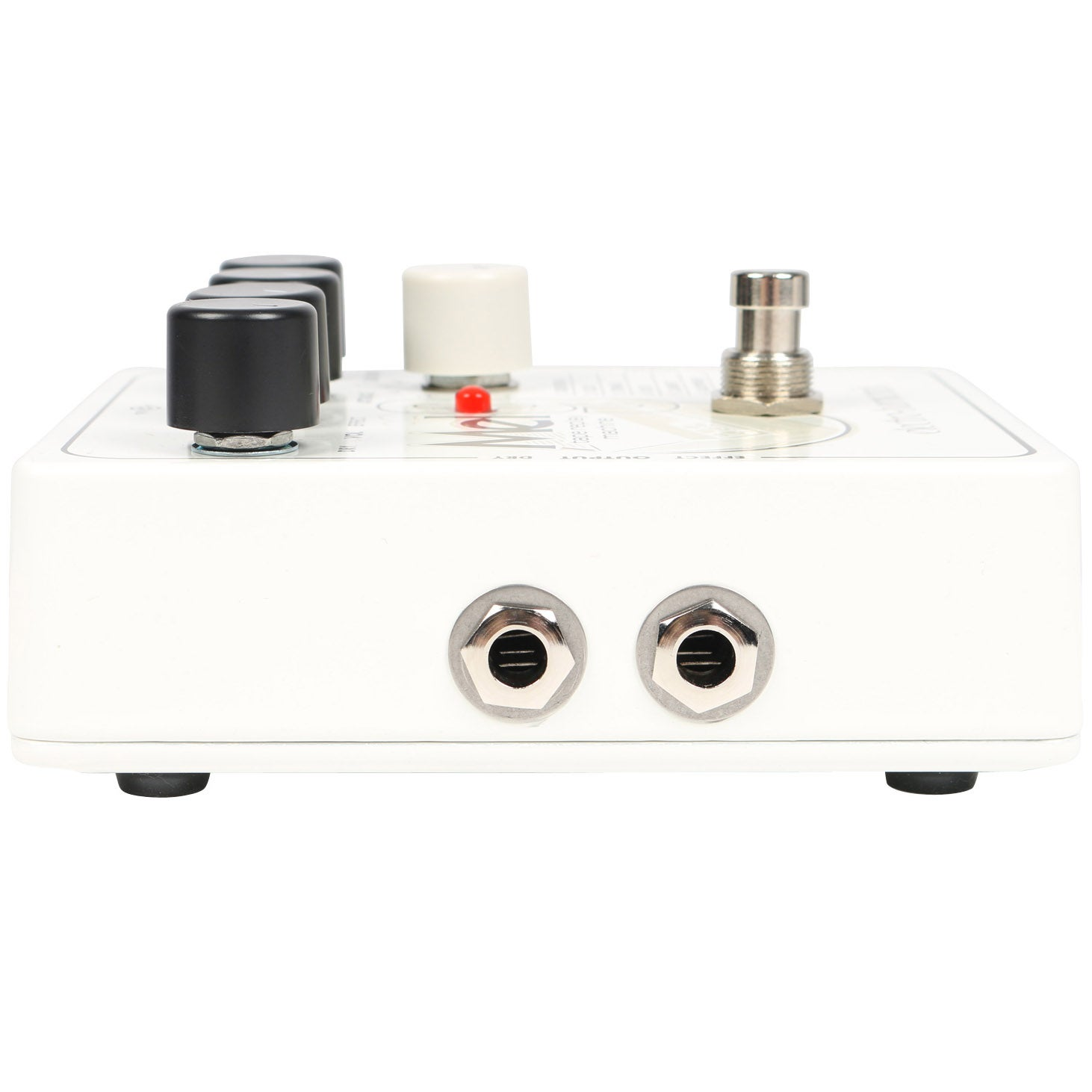 A white effect pedal with black and white knobs and silver jacks.