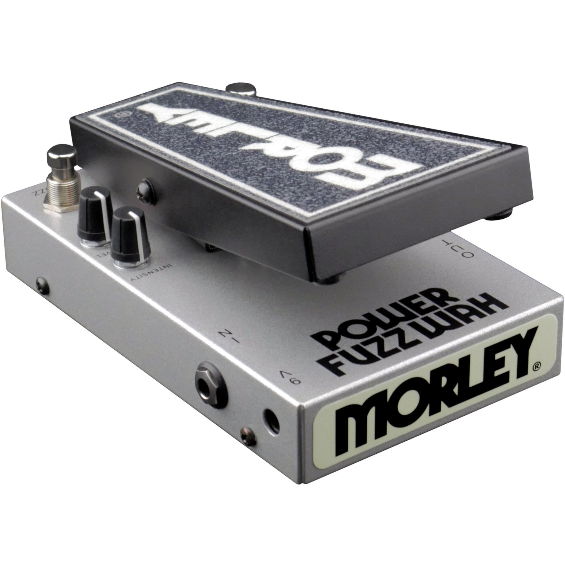 Een zilveren Morley Power Fuzz Wah gitaarpedaal met zwarte knoppen en een opklapbaar voetpedaal.