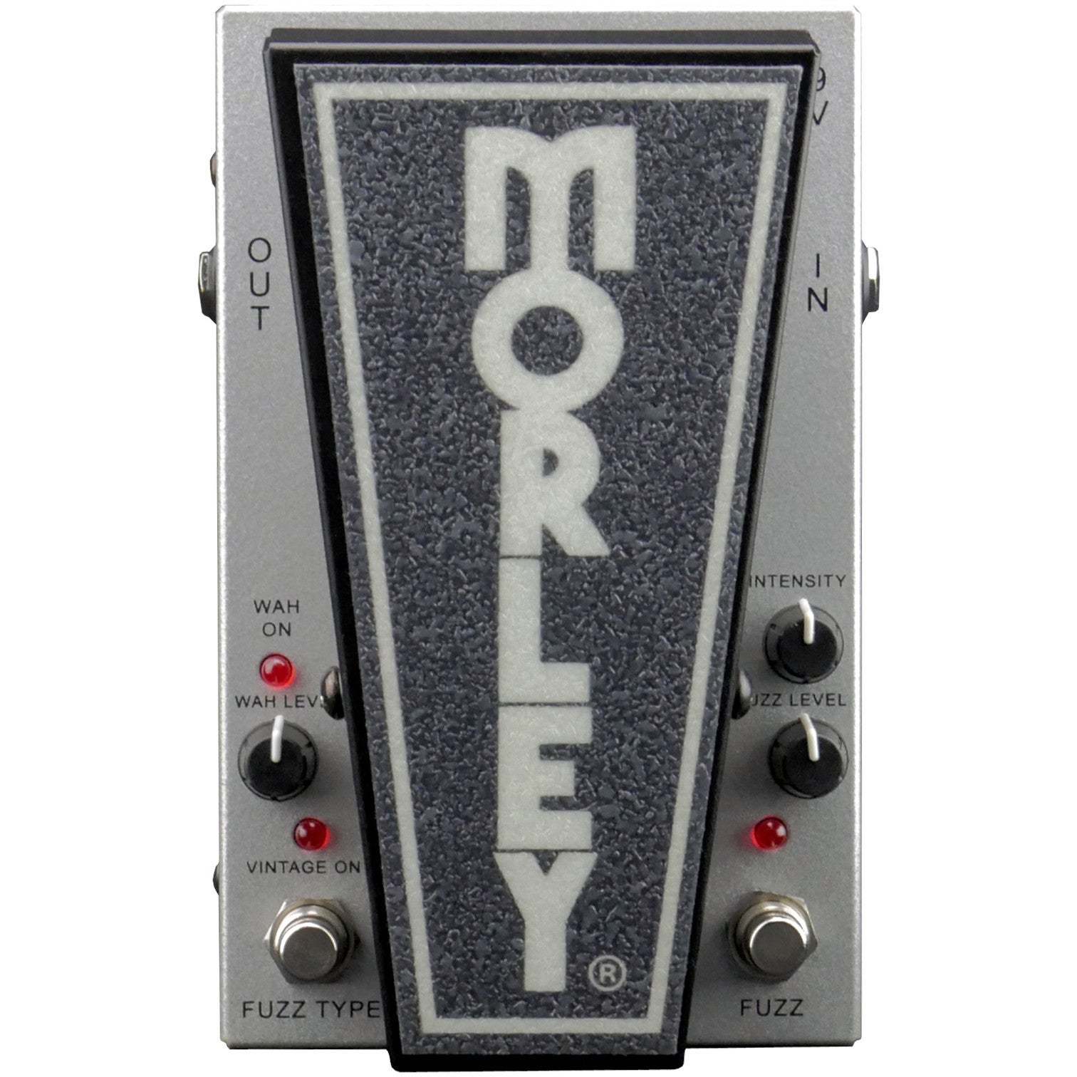 Een zilveren gitaareffectpedaal met MORLEY-logo, knoppen en lampjes.