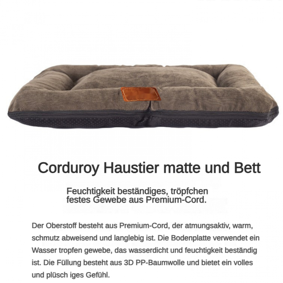 Braunes Cord-Haustierbett mit erh öhtem Rand und braunem Leder-Patch.