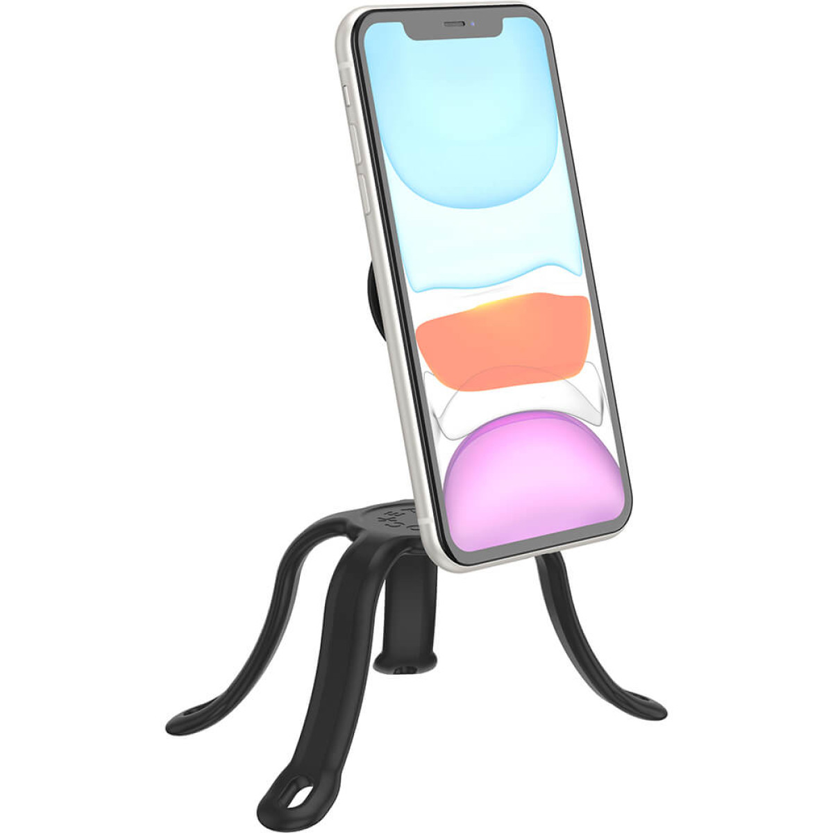 Un iPhone argentato montato su un treppiede flessibile nero.