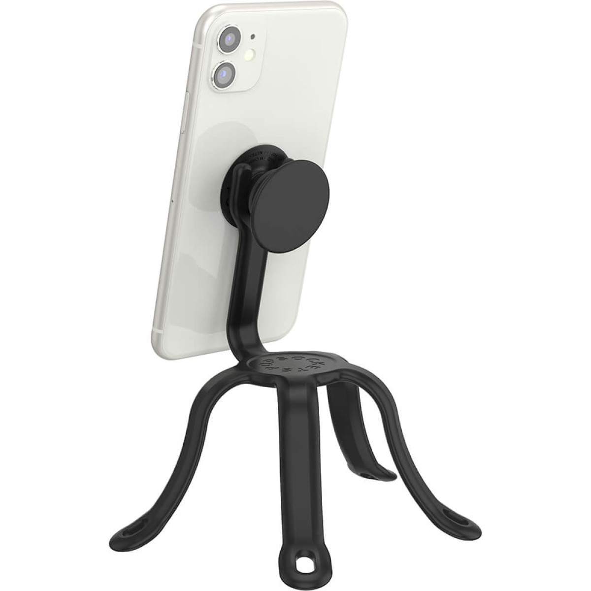 iPhone bianco su supporto nero con gambe flessibili, su sfondo bianco.