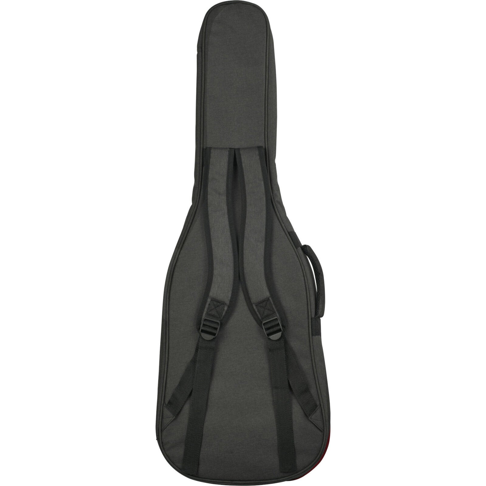 Siyah kayışlı ve saplı koyu gri gitar kılıfı.