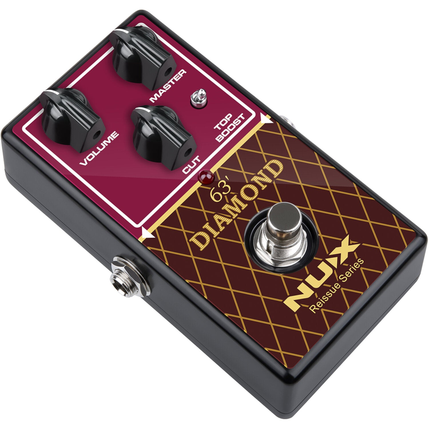 Een NUX 63' Diamond Reissue Series gitaareffectpedaal met drie zwarte knoppen op een bordeauxrode basis.