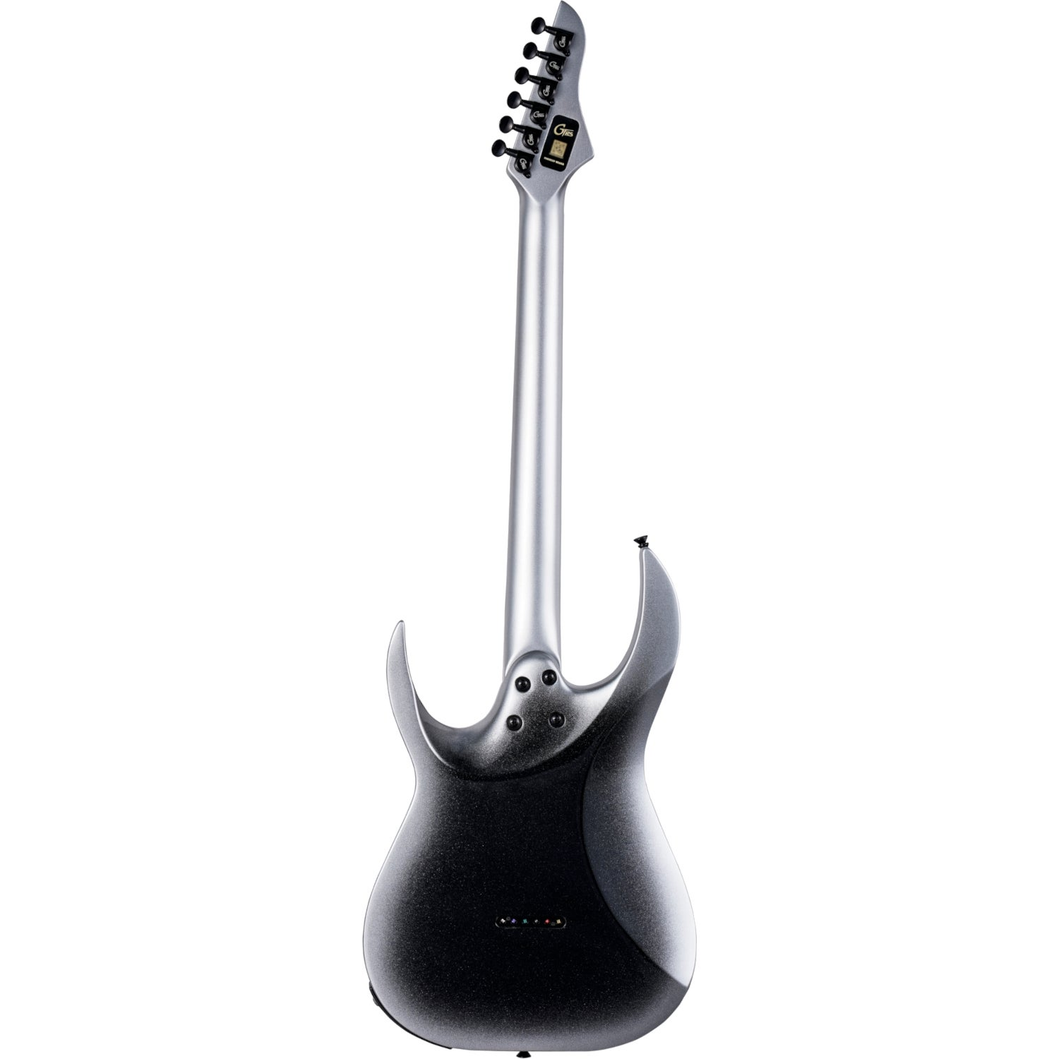 Altı telli, gümüş ve siyah elektro gitarın arka görünümü, akort burguları mevcut.