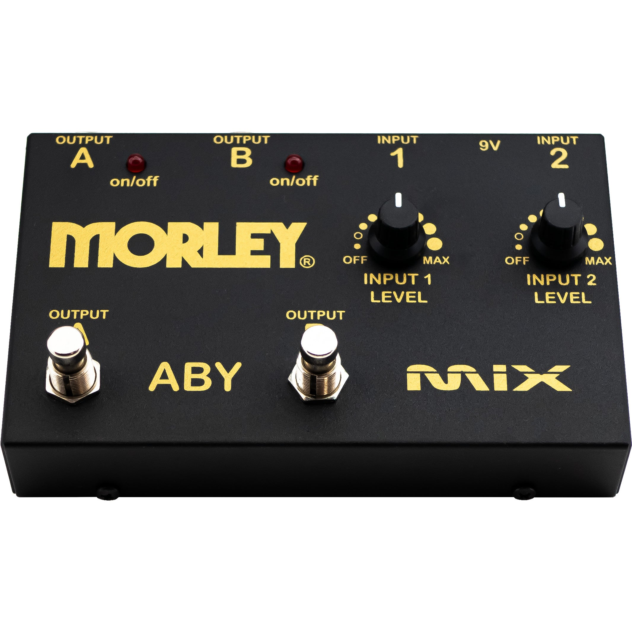 Zwart Morley ABY MIX pedaal met goudkleurig logo, knoppen en voetschakelaars.