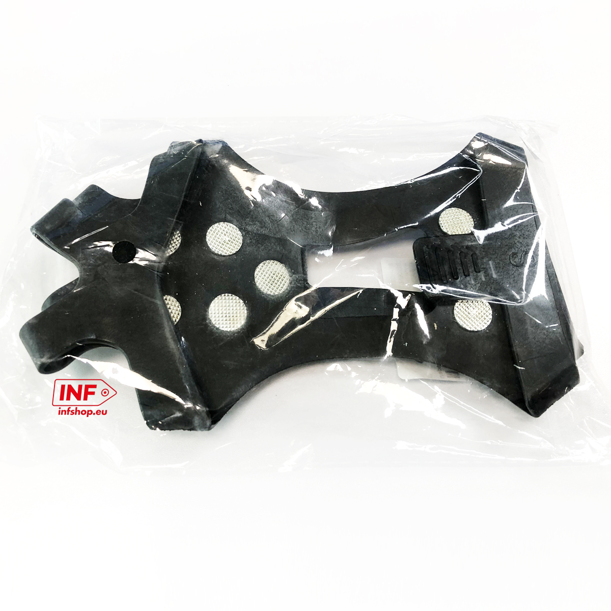 Czarne raczki lodowe z metalowymi kolcami, zapakowane w plastik. Widoczne logo 'INF infshop.eu'.