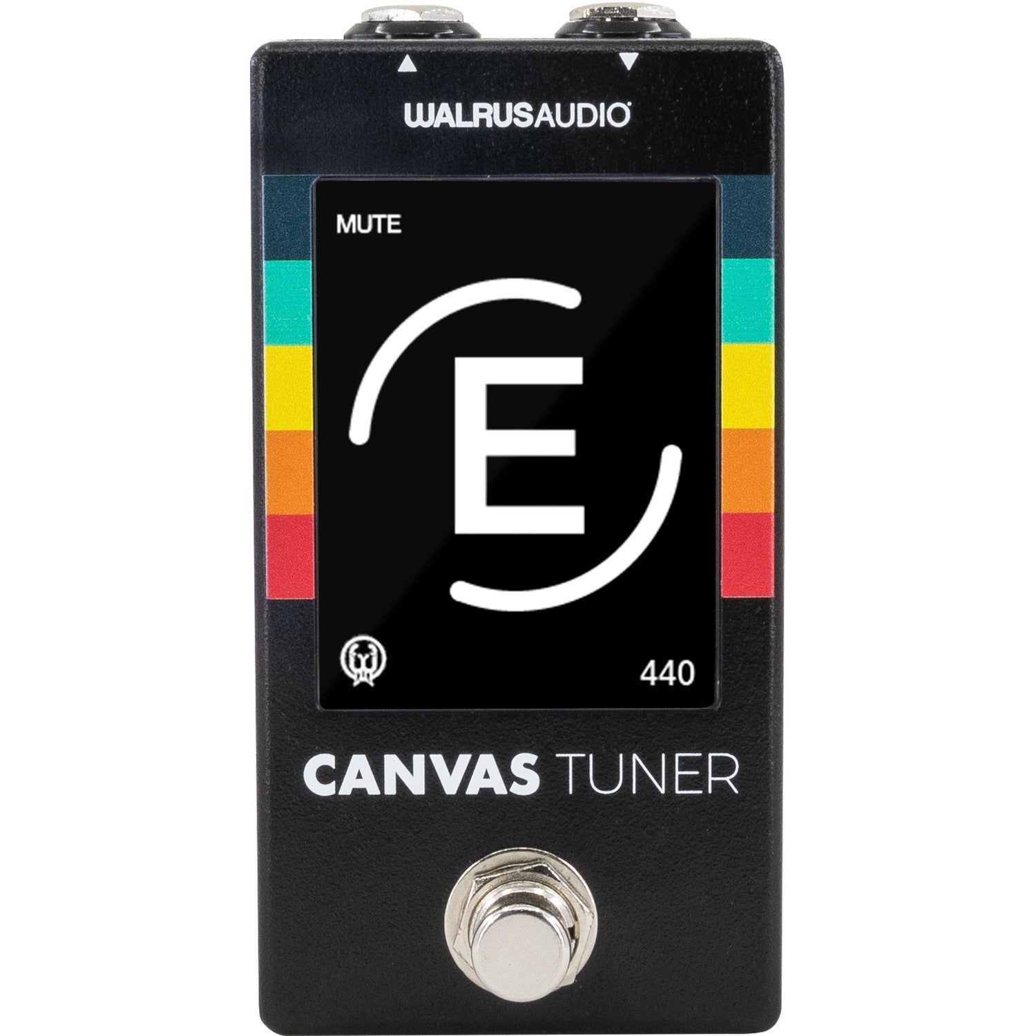 Zwarte Walrus Audio Canvas tuner pedaal met grote E op scherm en regenboogkleurige zijbalk.