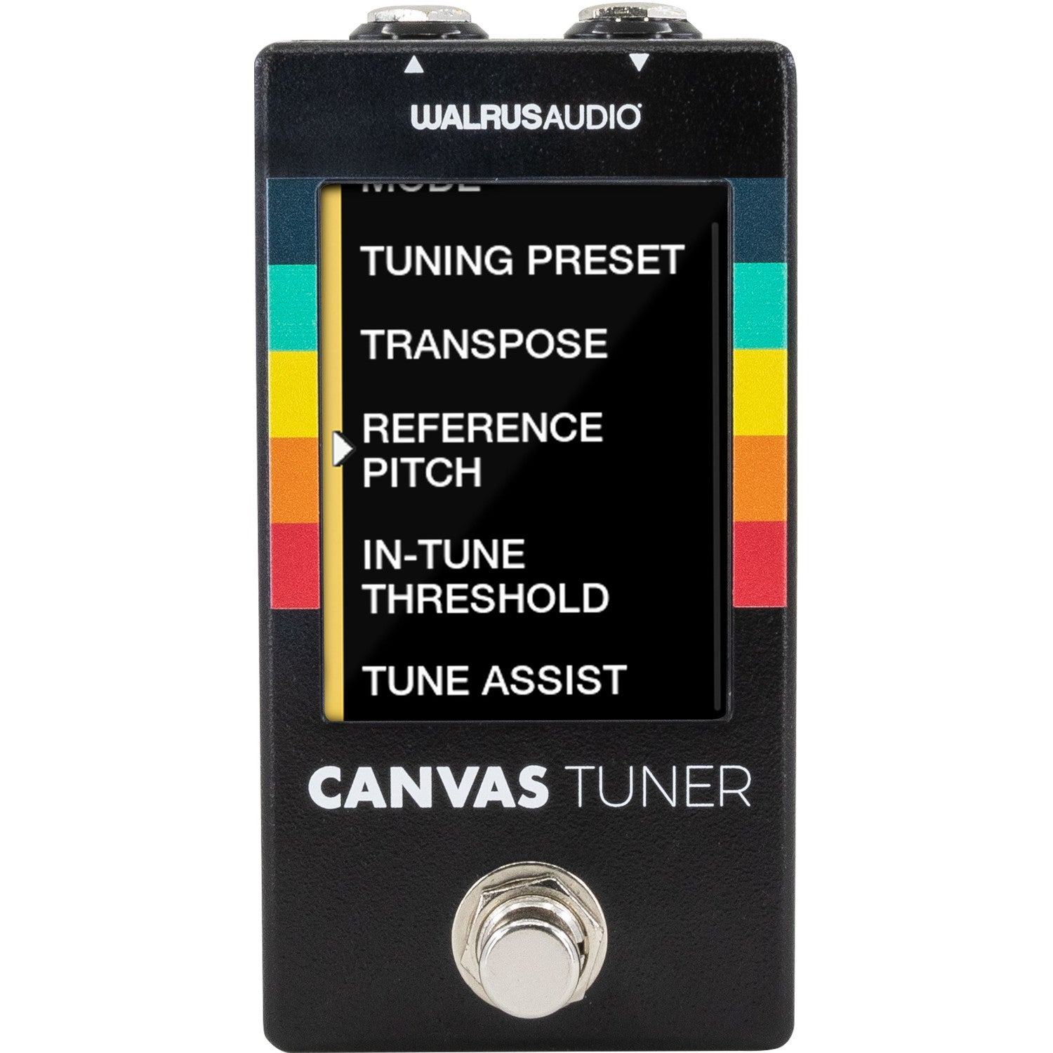 Een zwart Walrus Audio Canvas Tuner pedaal met opties op het scherm.