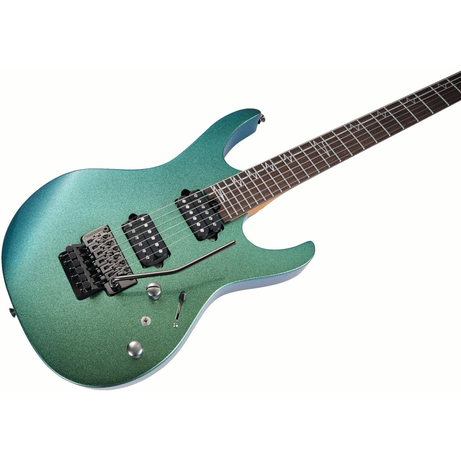 Floyd Rose tremolo ve siyah manyetiklere sahip yeşil elektro gitar.