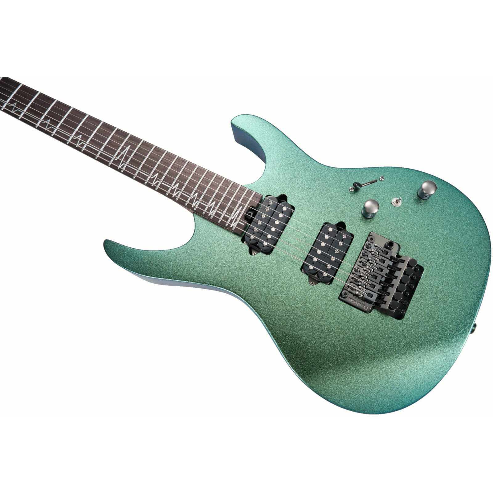 Siyah manyetikler ve gümüş donanıma sahip parlak yeşil elektro gitar.