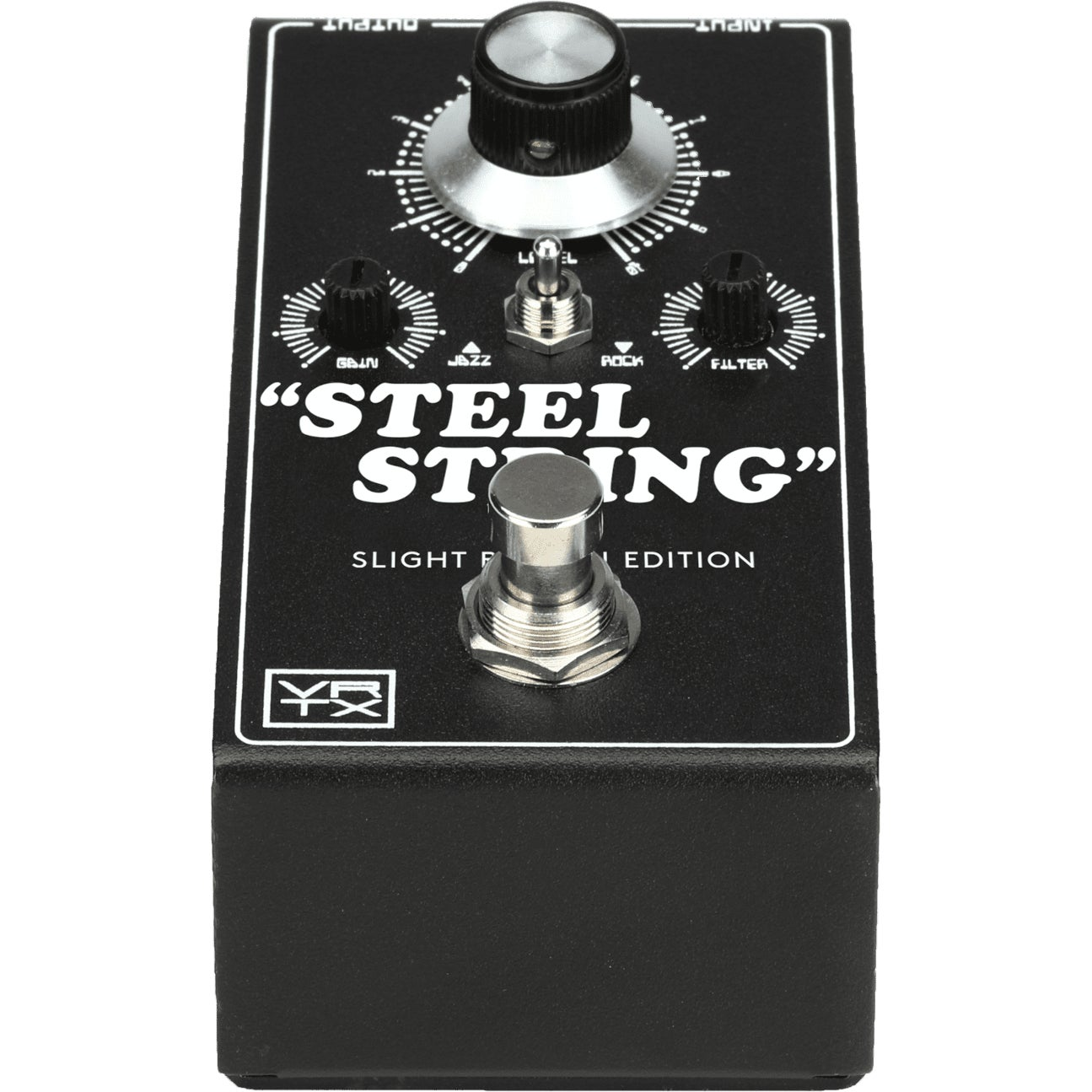 Zwart gitaareffectpedaal met zilveren knoppen en schakelaar, "STEEL STRING" opschrift.