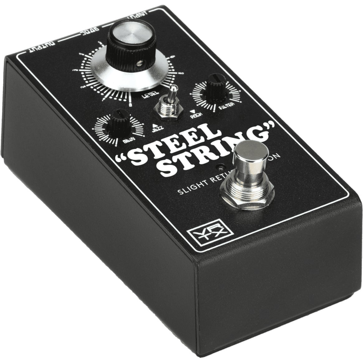 Zwart gitaarpedaal met zilveren knoppen en 'Steel String' label.