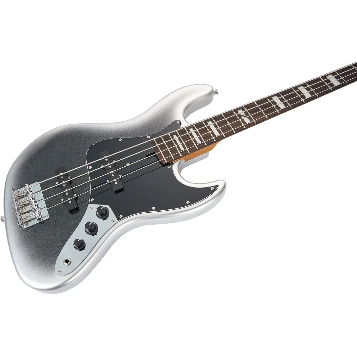Siyah pena korumalı, dört telli gümüş bas gitar.