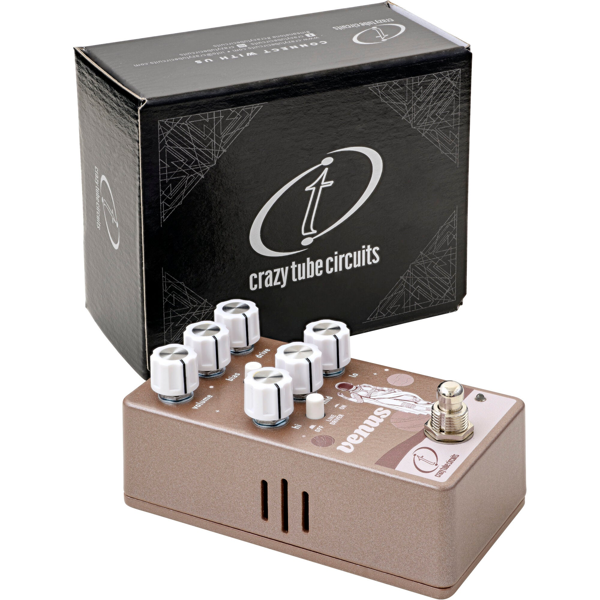 A gold-brown guitar effects pedal with white knobs next to a black box.
