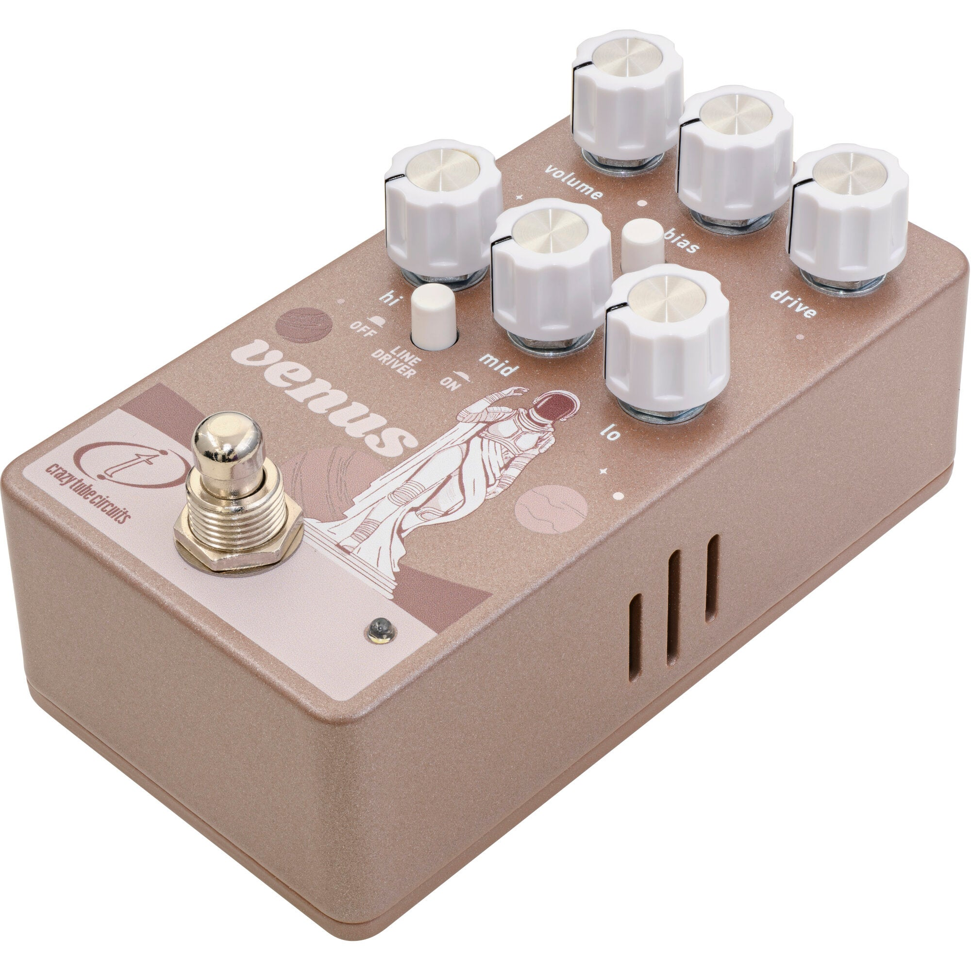 A tan guitar effects pedal with white knobs and an astronaut design.