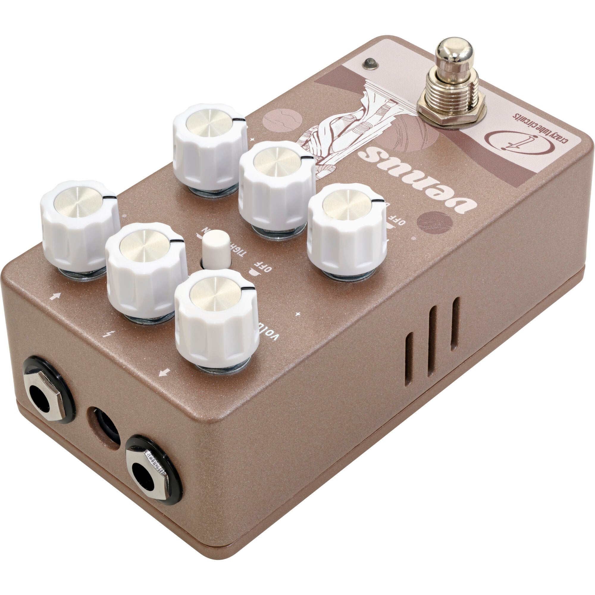 A brown effect pedal with white knobs and silver accents on a white background.