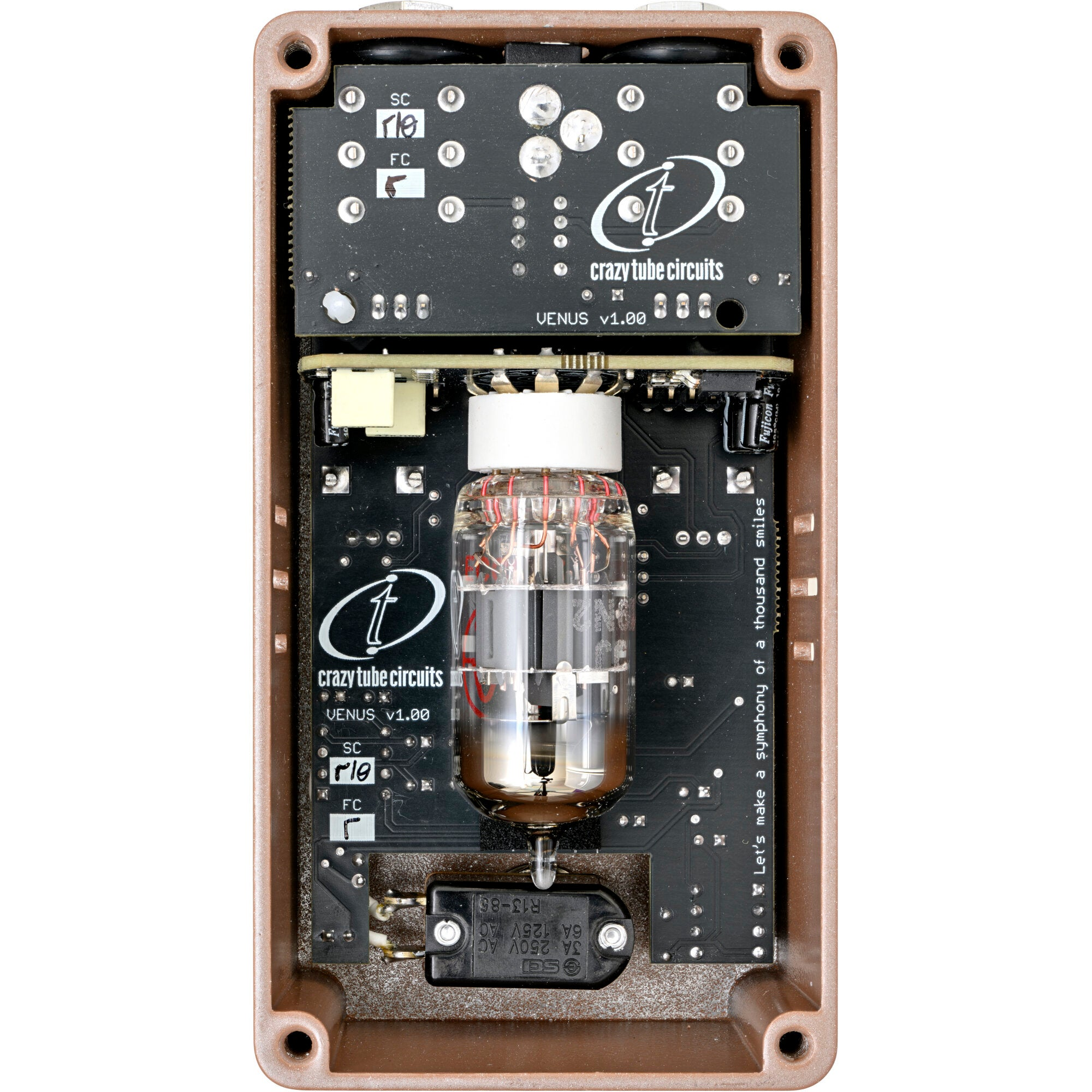 A brown casing contains a circuit board with a vacuum tube and labels.