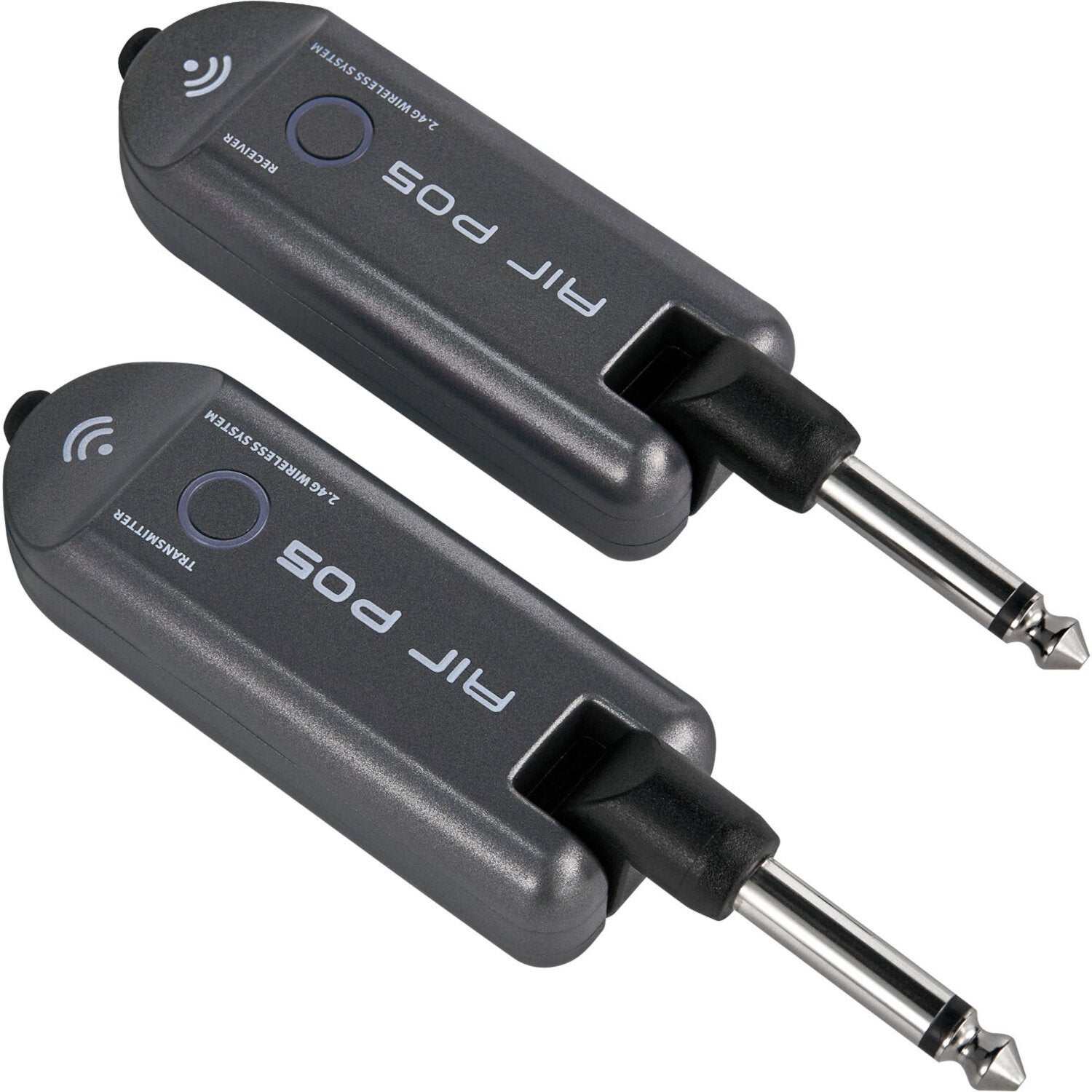Twee grijze 2.4GHz draadloze ontvanger/zender units met jackpluggen.