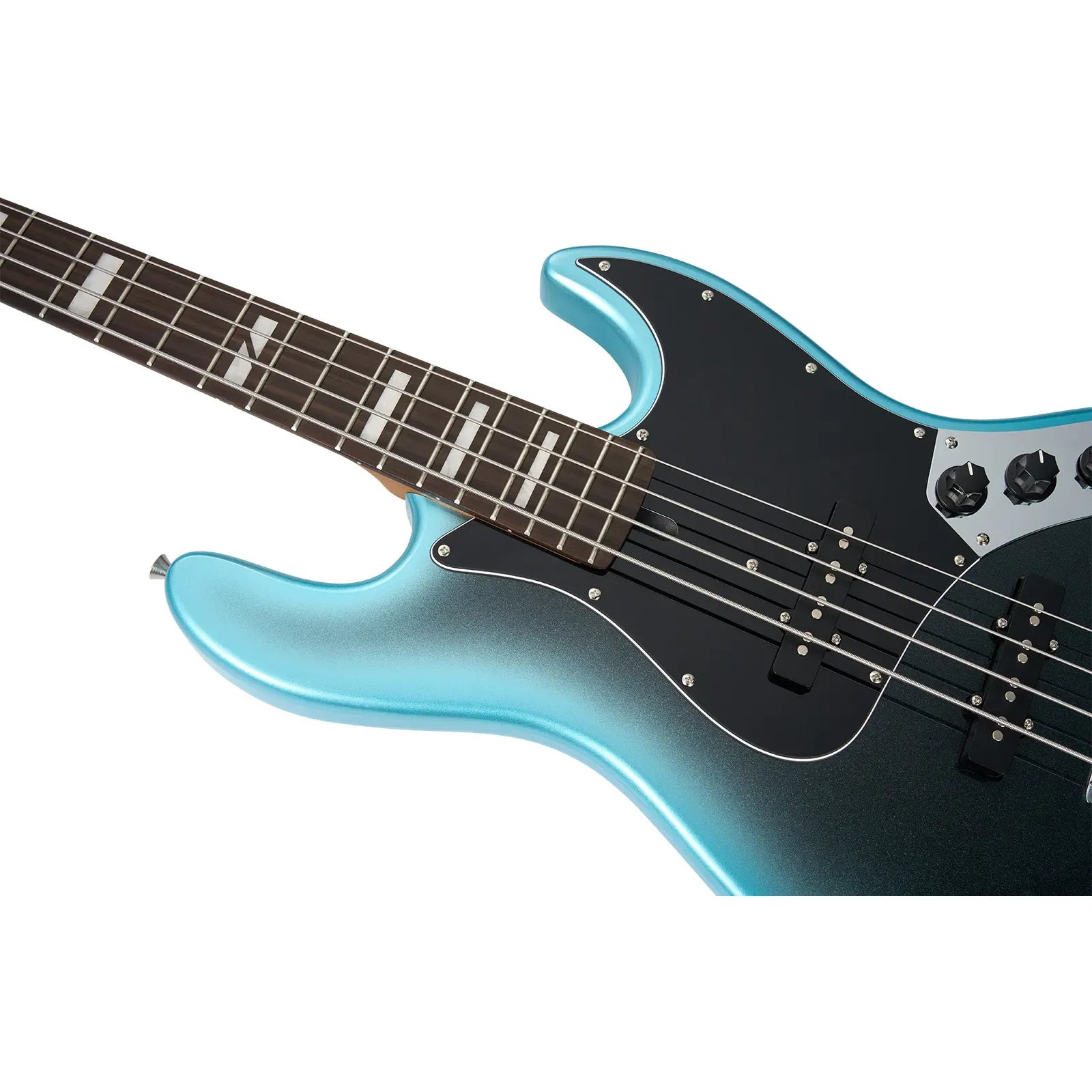 Siyah pena korumalı ve telli, turkuaz bas gitar sapı.