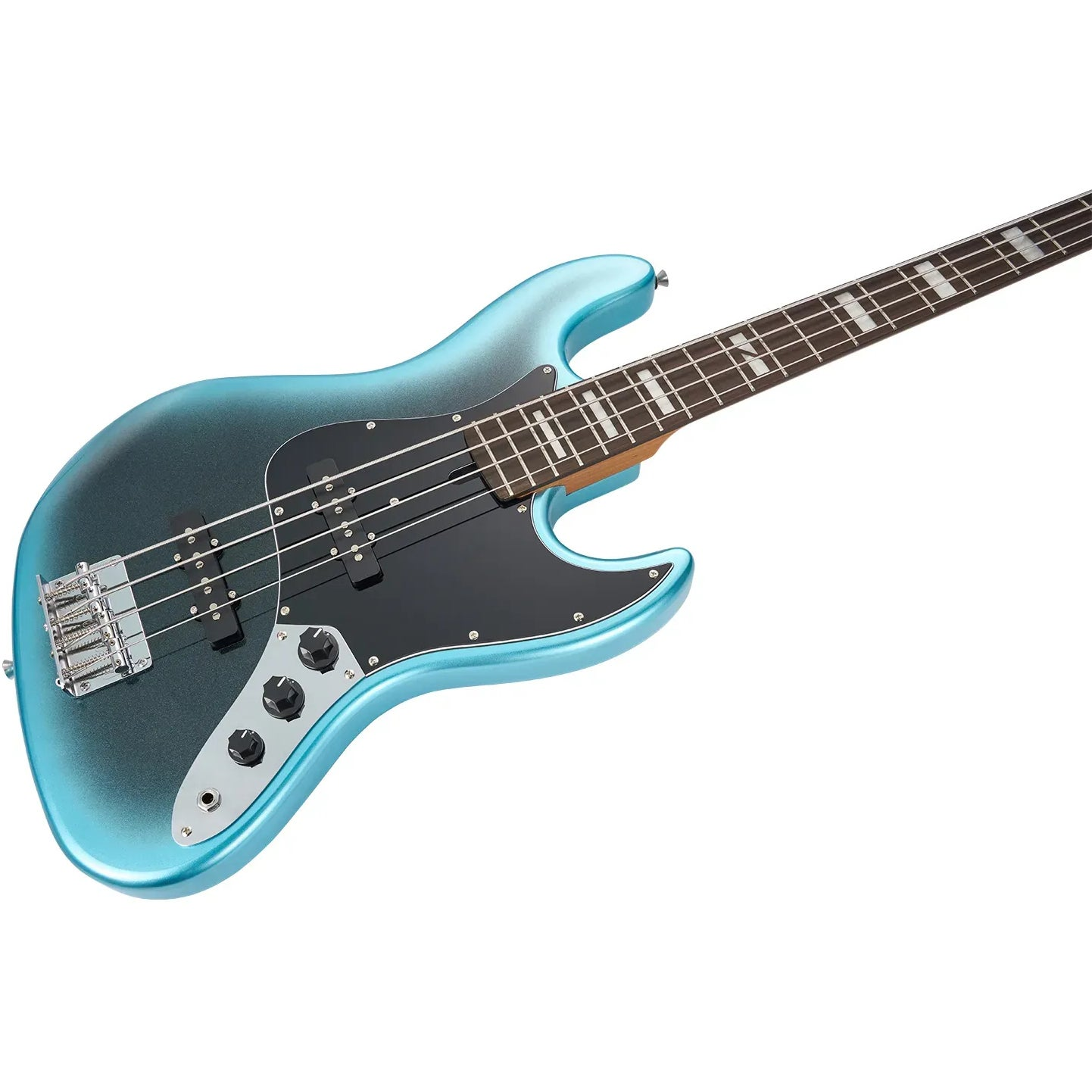 Siyah pena korumalı ve gümüş donanımlı turkuaz renkli bas gitar.