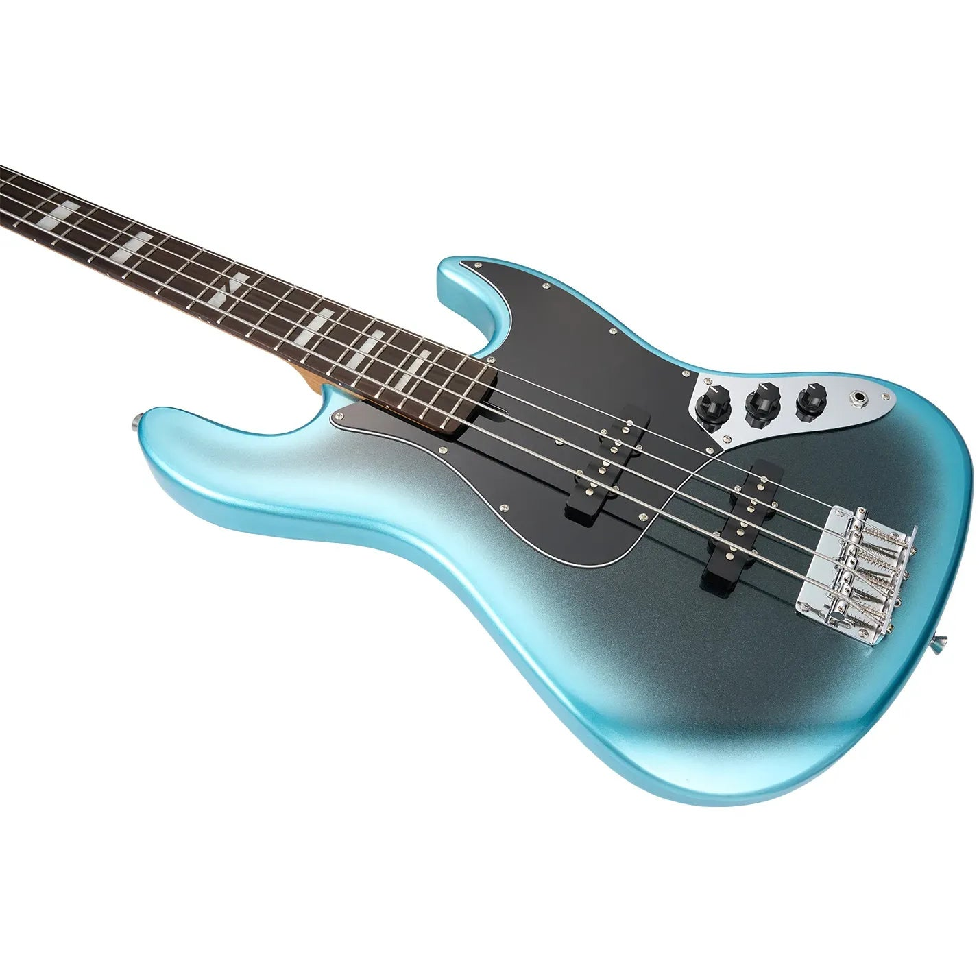 Siyah pena korumalı, dört telli metalik mavi bas gitar.
