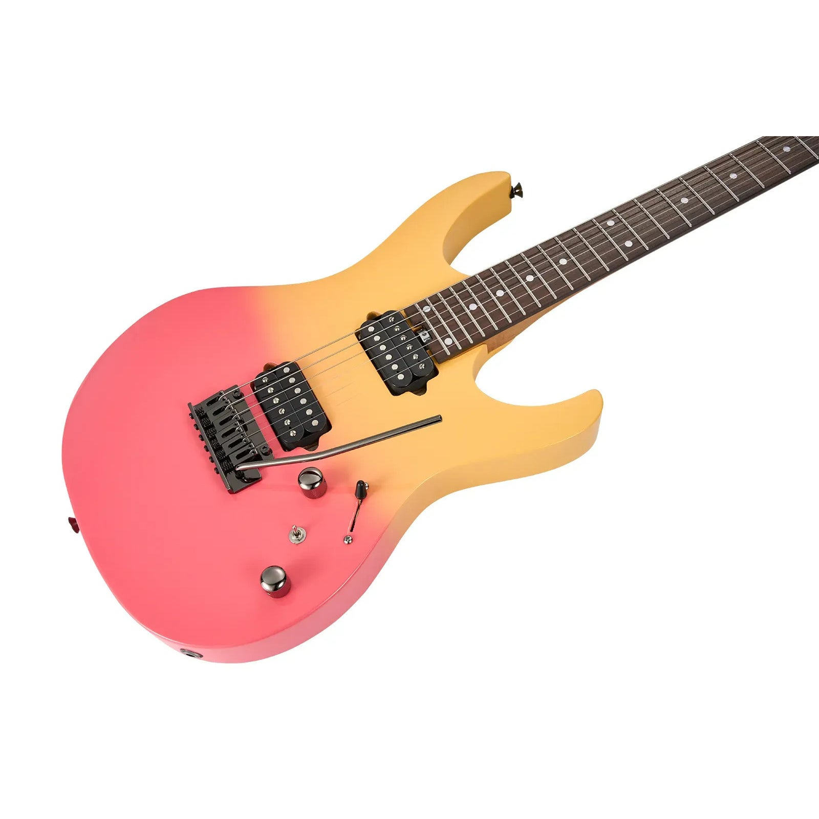 Pembe'den sarıya geçişli, siyah manyetikler ve tellere sahip elektro gitar.