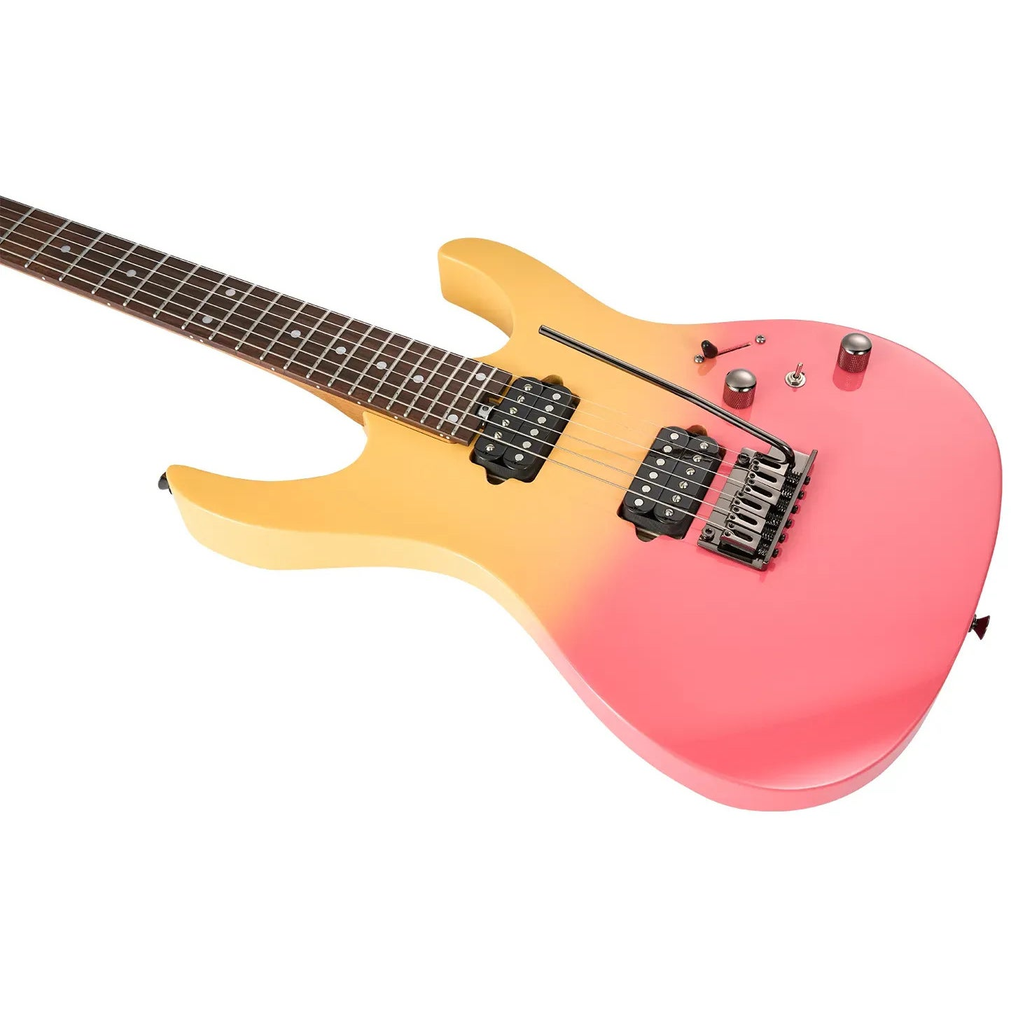 Sarı saplı, pembe gövdeli elektro gitar, beyaz arka plan üzerinde.
