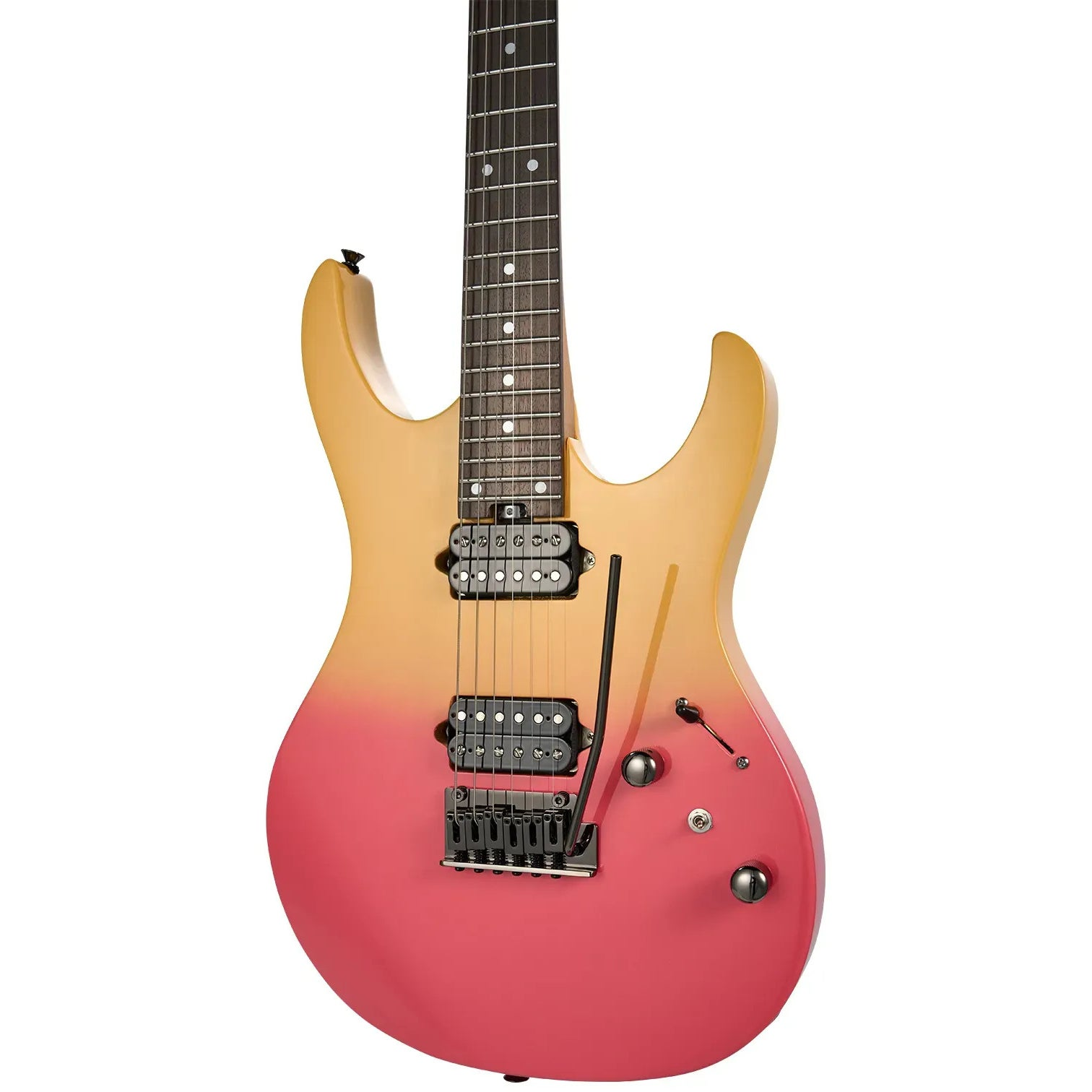 Sarıdan kırmızıya degrade renkli, siyah manyetiklere sahip elektro gitar.