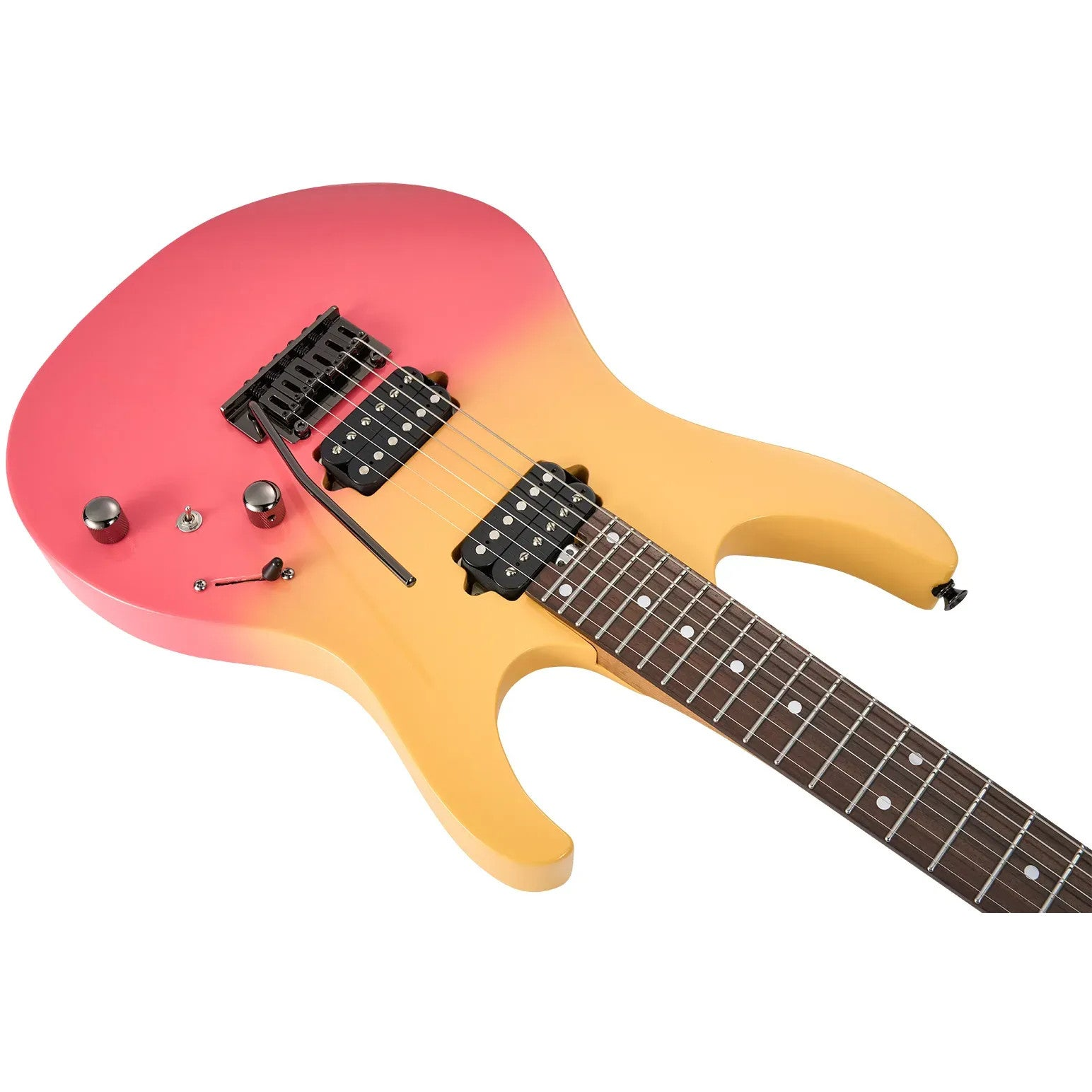 Siyah manyetiklere ve tellere sahip pembe ve sarı geçişli elektro gitar.